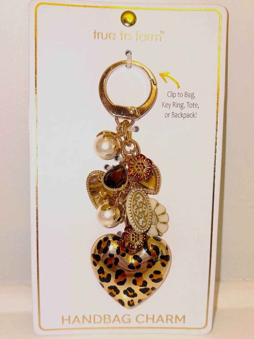 True To Form Leopard Heart Handbag Charm Gold Pearl Keychain